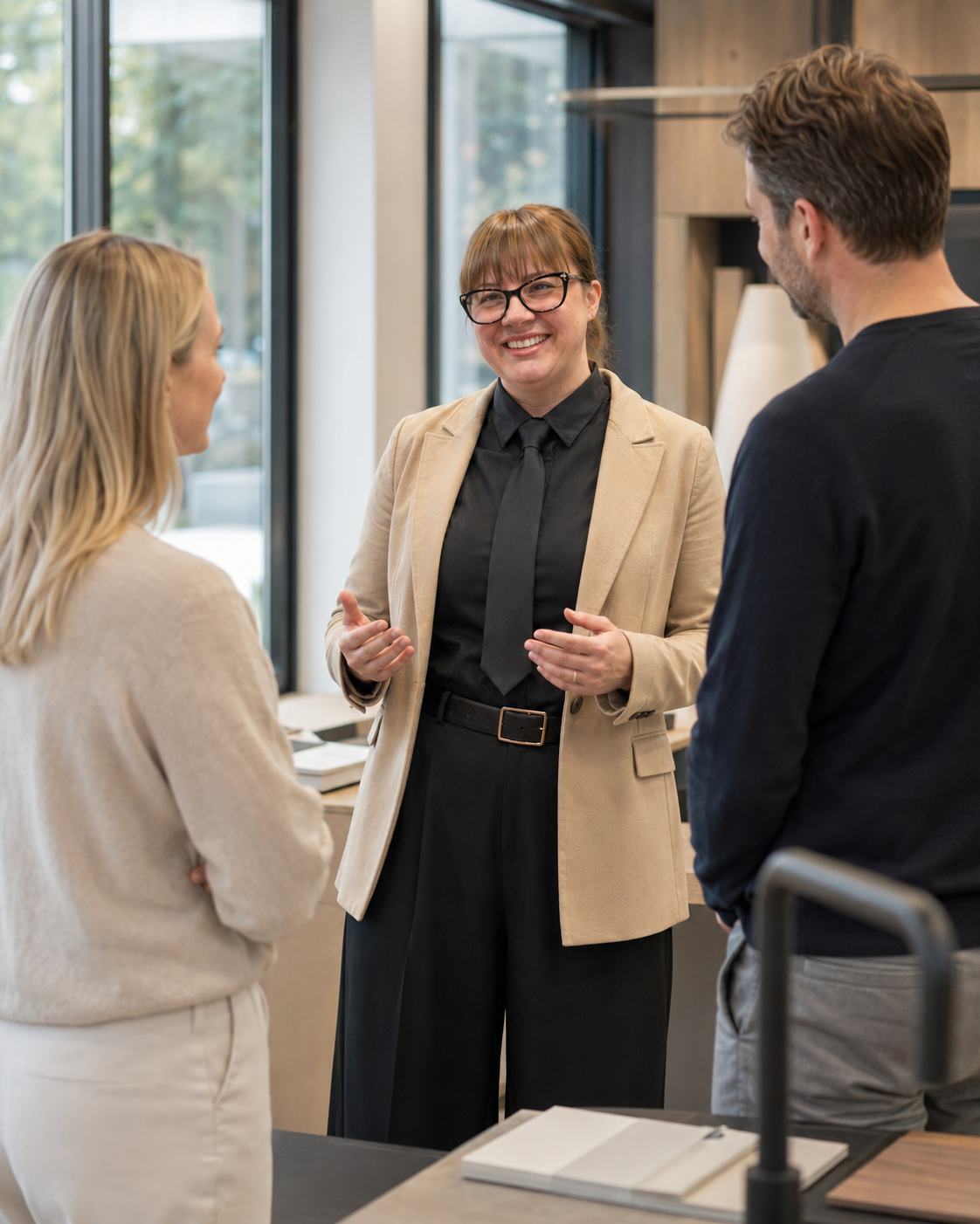 Agnieszka Harnyś im Gespräch mit zwei Geschäftskunden im Showroom